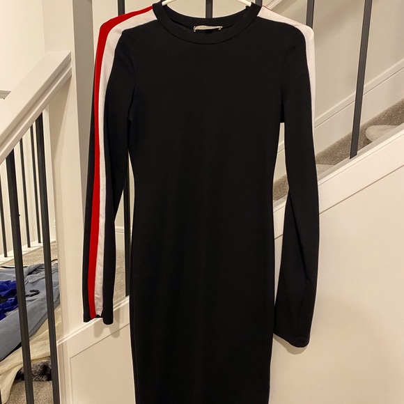 Zara Black Midi Long Sleeve Dress with White and Red Stripes - Picture 2 of 3